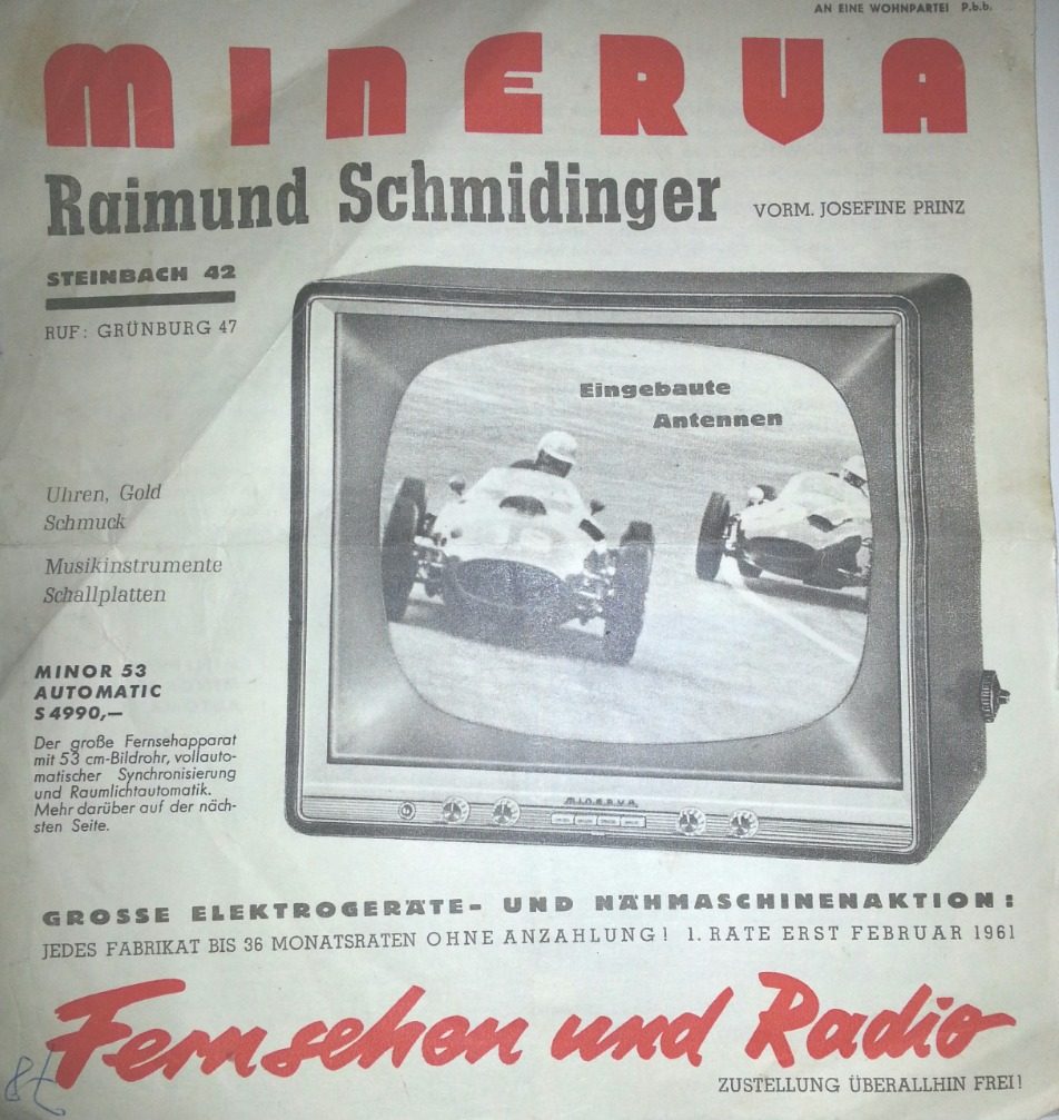 Historisches Flugblatt: Minerva – Raimund Schmidinger, vorm. Josefine Prinz, Steinbach 42. Fernsehen und Radio, Uhren, Gold, Schmuck.
